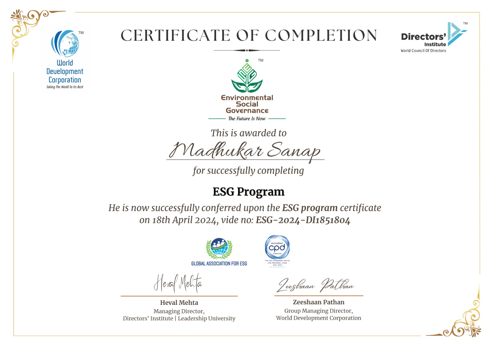 ESG Program Certificate Madhukar Sanap 2024